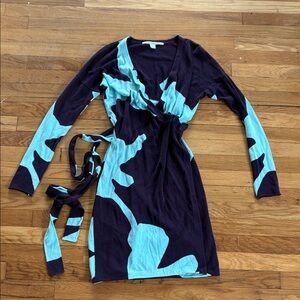 DVF Wrap Dress P XS Small Kinaya Knit Long Sleeve Abstract Plum Blue Rayon